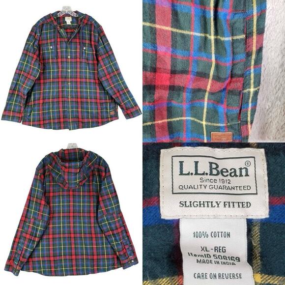 L.L. Bean Other - LL Bean Shirt Mens Flannel Button Up Hooded Multicolor Cotton Size XL Pockets